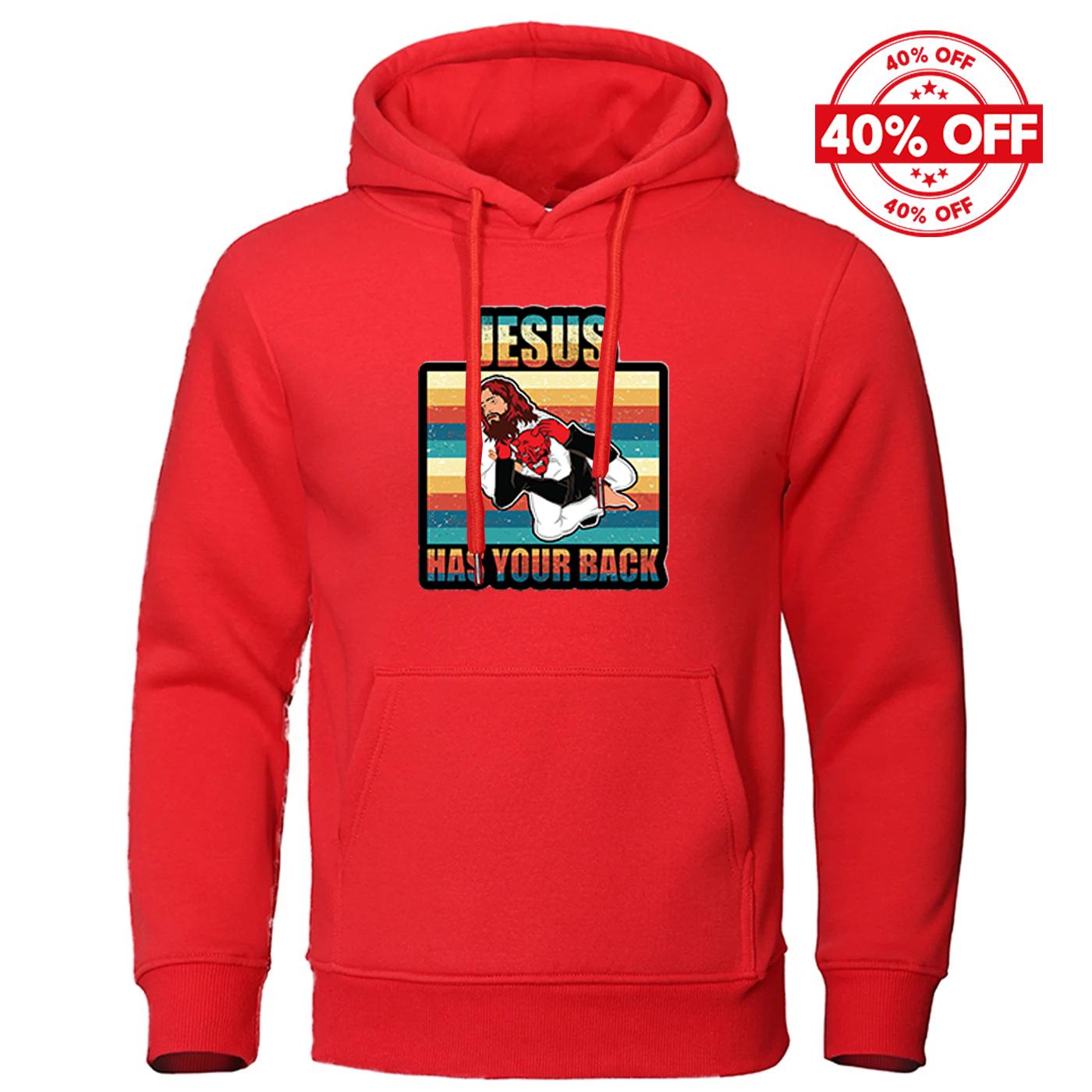 

2025 Spring And Autumn Man s Solid Color Popular Coat Jesus Has Your Back Jiu Jitsu Retro Christian Logo Print Pullover Hoodies 3XL