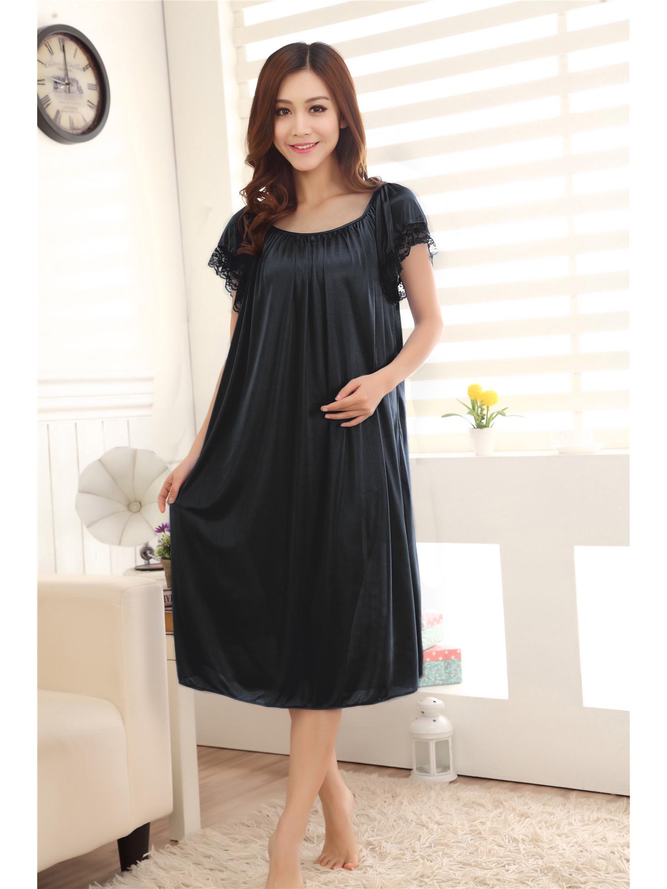 

Ночная рубашка из однотонного шелка Ice Silk: Летние женские пижамы с короткими рукавами, больших размеров, длинные ночнушки и домашняя одежда. One Size