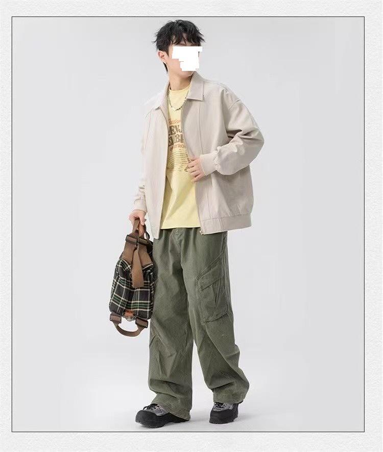 Men's American Retro Versatile Loose Jacket - Autumn Solid Color Fashion with Simple Lapel and Zipper