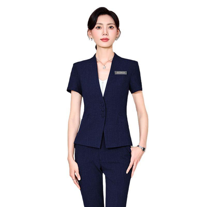 Women's Blue Short-Sleeve Professional Suit Set for Hotel Manager or Receptionist - Spring/Summer Formal Workwear