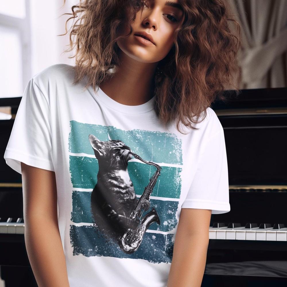 Cat Playing Saxophone Tshirt Funny Cat Jazz Music Shirt Vintage Sax Retro Cat Sa Unisex T-Shirt XXL