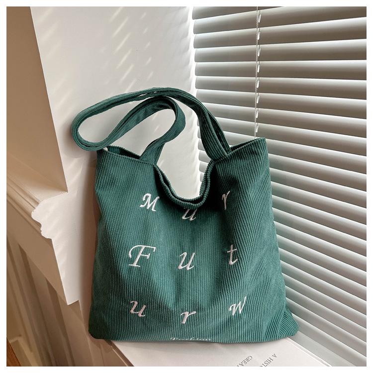 Korean Corduroy Embroidered Tote Bag for Students - Artistic Autumn/Winter Design