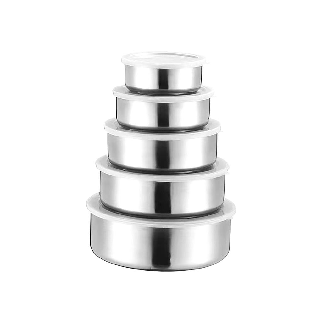 Storage And Preservation Box, Stainless Steel Circular With Cover, Five Piece Set, Storage And Sealing Bowl