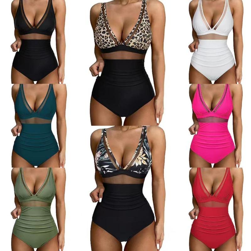 One-piece swimsuit sexy cutout mesh deep V gather perspective bikini bikini swimsuit