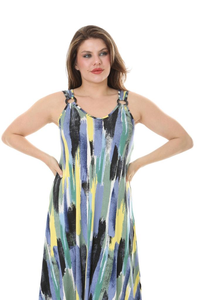 Damen Große Größe Kleid Blau Ölmalerei Muster Schnalle Detailliertes Trägerkleid