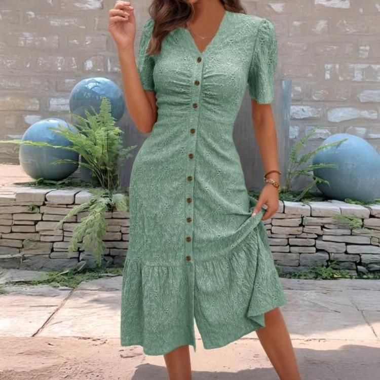 Summer Casual V Neck Short Sleeve Maxi Dress Women Beach Sundress Ruched Button Down Long A Line Swing Dress