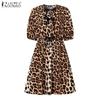 ZANZEA Women Casual Playful Leopard Print Front Tie Puff Sleeve Mini Dress