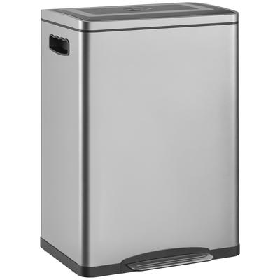 Trash Can, Waste Bin with Lid and Foot Pedal, Stainless Steel, 2x 20 Liter Compartments, Silver
