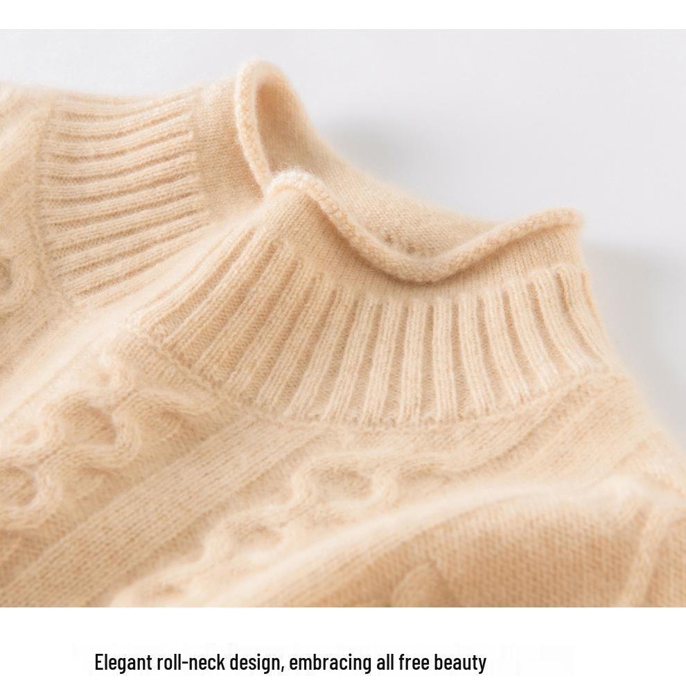 Women's Half-High Neck Cable Knit Cashmere Sweater - Diamond Pattern, Thick & Warm for Autumn & Winter