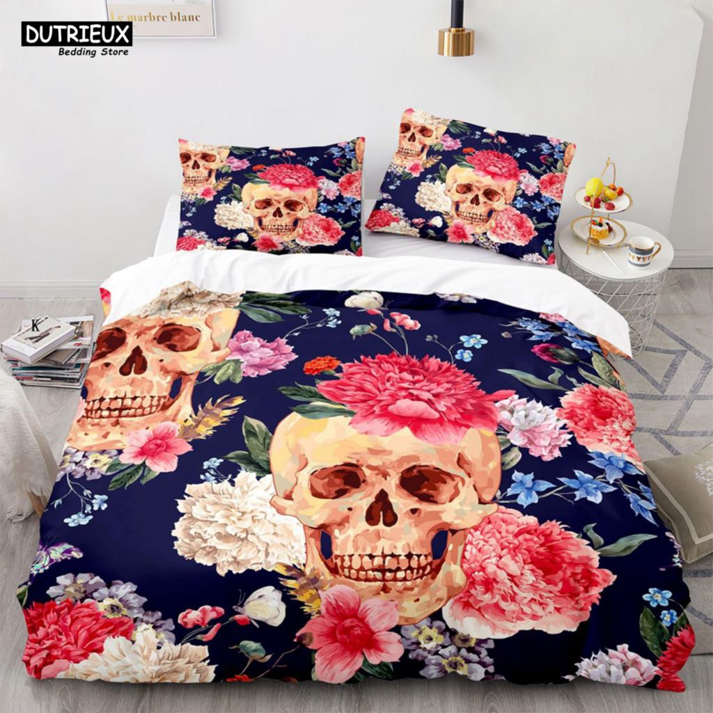 Skelett Totenkopf Bettwäsche Set 2/3 Teile Queen King Full Size Bettbezug Set Mit Kissenbezügen Rose Blume Bettwäsche Für Erwachsene Jugendliche