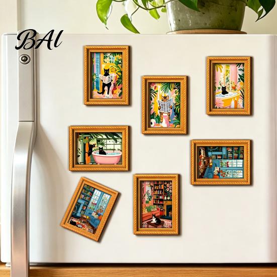 Decorative Frames for Office Whiteboards Cute Cat Magnetic Fridge Magnet, Vintage Wooden Picture Frame, Fun Photo Display Small Pictures Scene