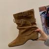 Height-increasing Retro Pointed Maillard Knight Trouser Boots New Belt Buckle Thick Heel Western Cowboy Short Boots