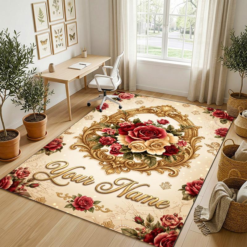 Elegant Floral Theme Soft Crystal Velvet Rug Custom Name & Text Print Non Slip Floor Rug for Bedroom Living Room