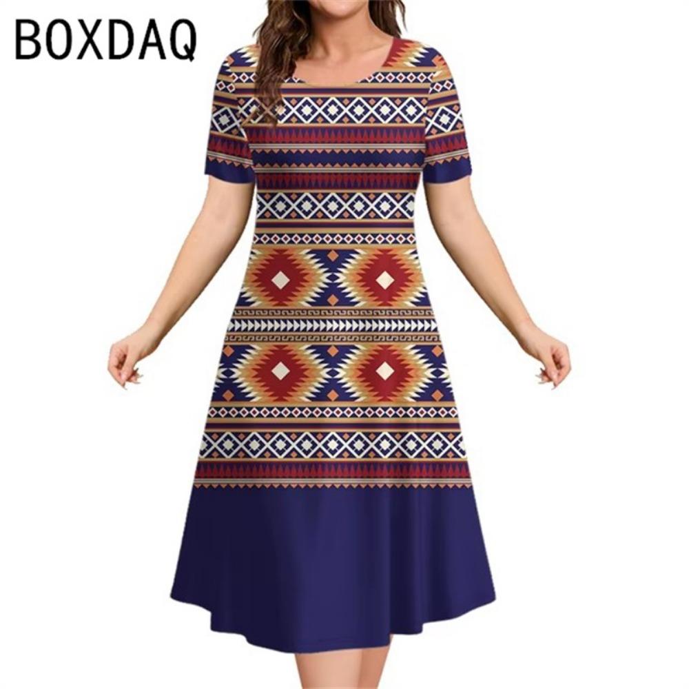 3D Vintage Ethnic Style Elegant A-Line Dress Oversized 3XL Women Short Sleeve O-Neck Casual Dress Letter Printed Casual Dresses