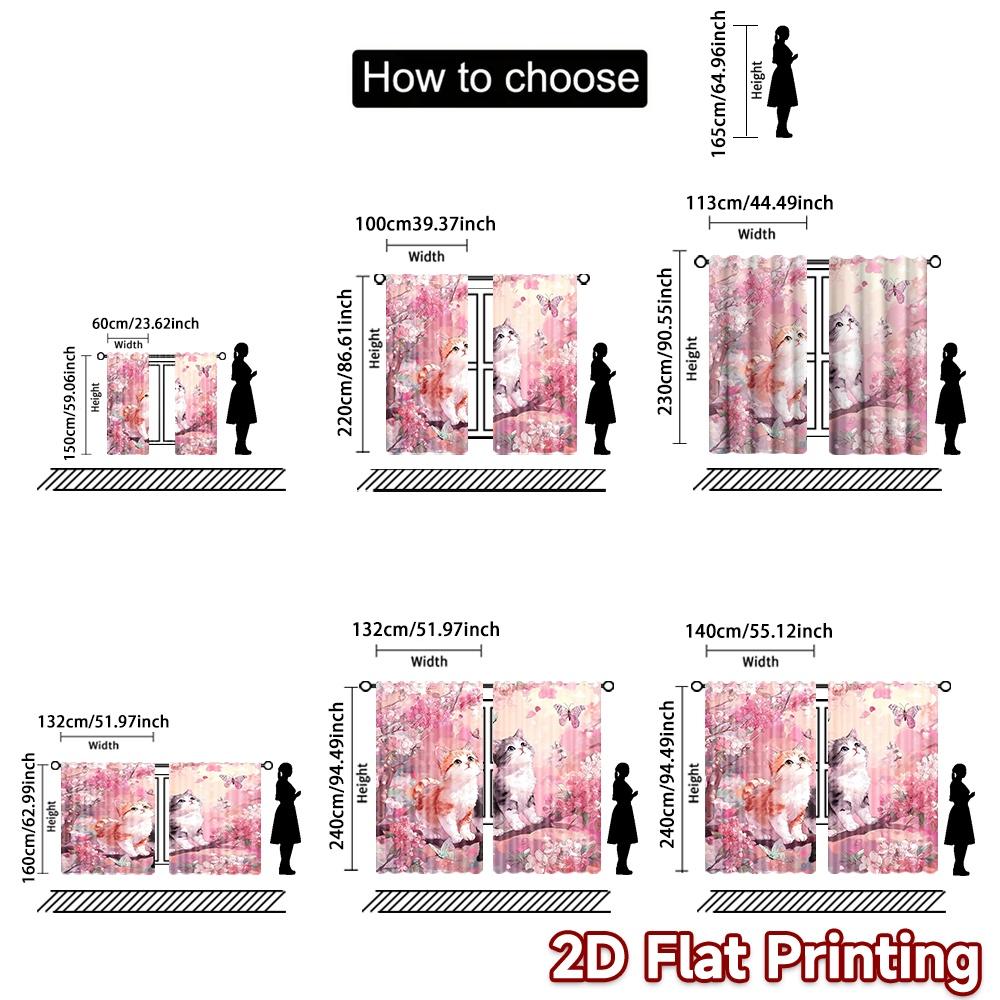 2D flat printing 2pcs Curtain Curtain Spring Cats and Blossoms Digital Printed Polyester Drapes Family Party Decoration Perfect