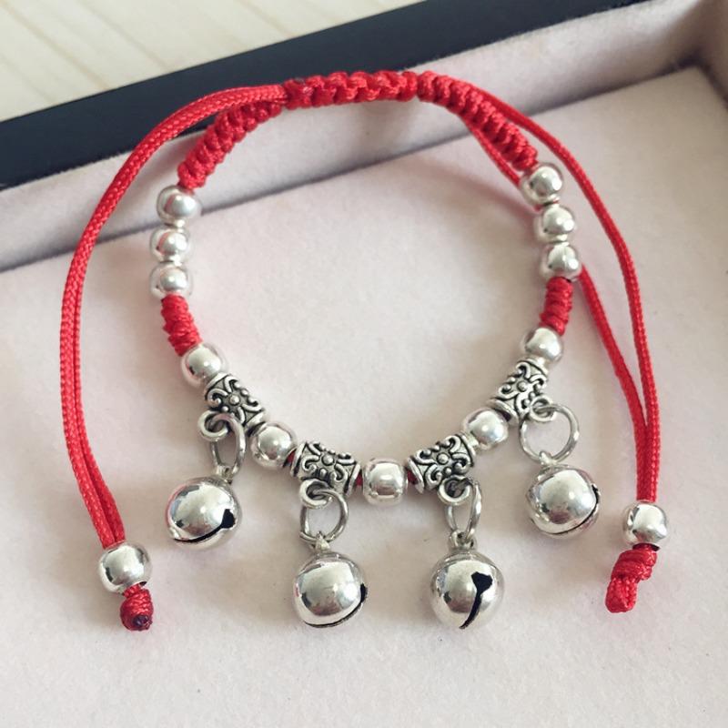 Retro red rope bracelet, small fresh couple bell, long life lock, safe anklet, handmade hidden silver jewelry.