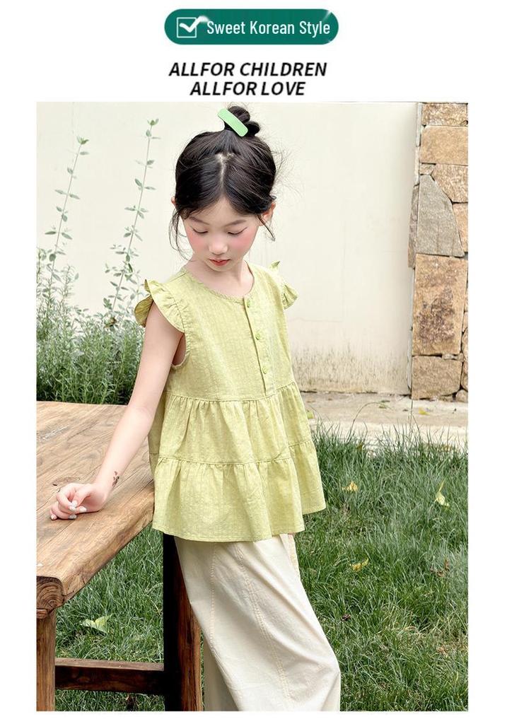 Summer 2026 Korean Chic Girls' Flutter Sleeve Vest & Wide-Leg Pants Two-Piece Set