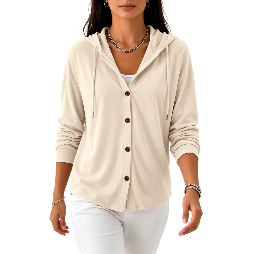 Cardigan con cappuccio da donna a manica lunga, vestibilità ampia, chiusura con bottoni, colore casual, maglione