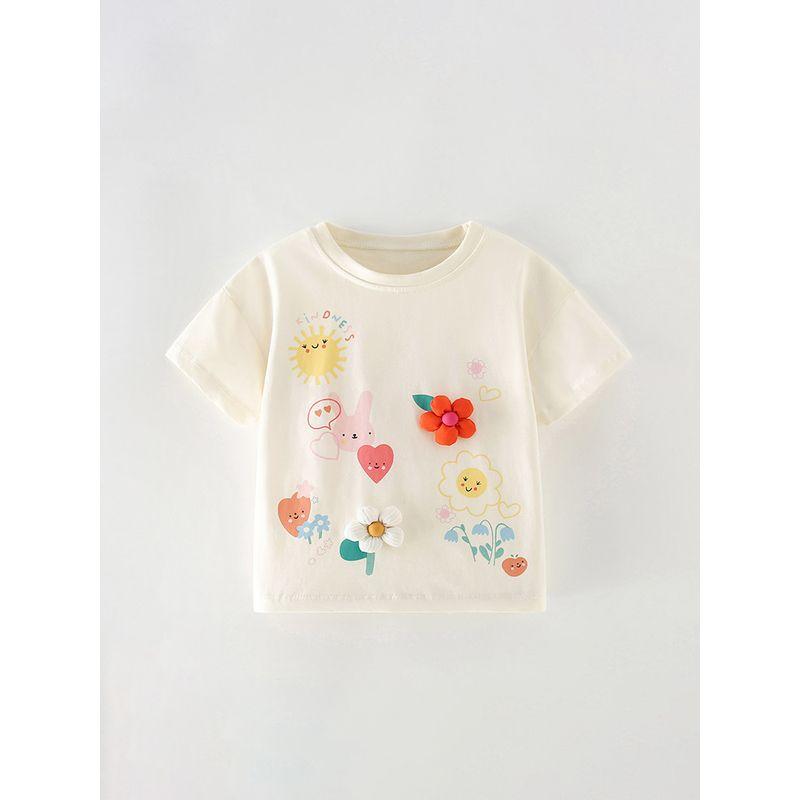 Girl White Small Flower Short Sleeve T-shirt Baby 100% Cotton Coat Children's Summer Clothing Children Base T-shirt Half Sleeve 0-8