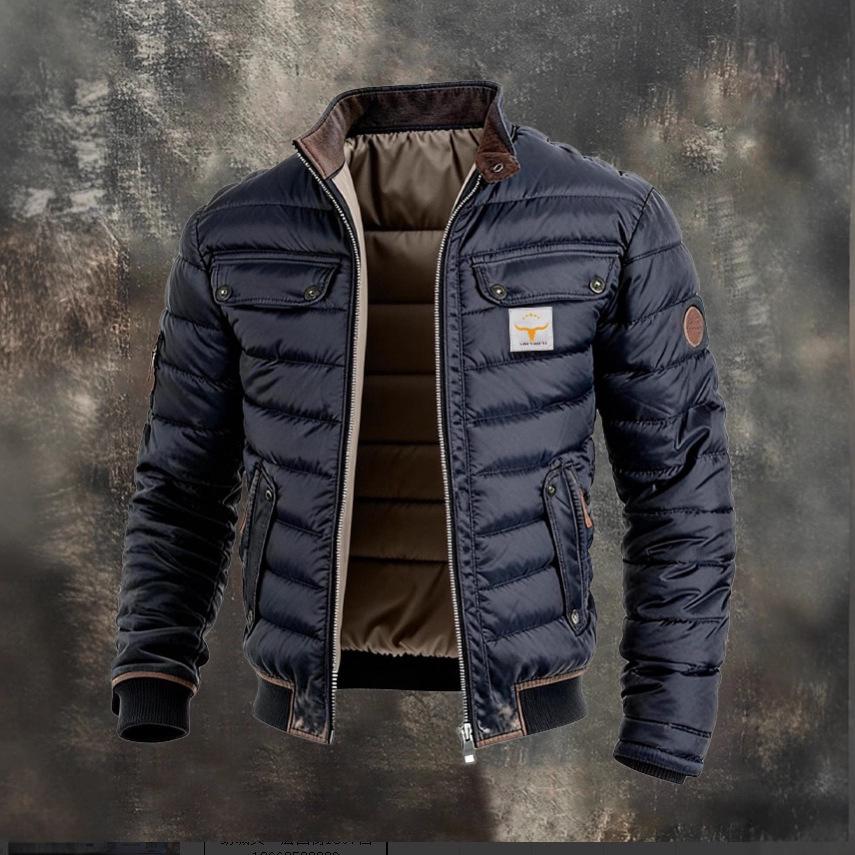 Men's Retro Leather Quilted Patchwork Warm Zipper Outdoor Jacket 2026