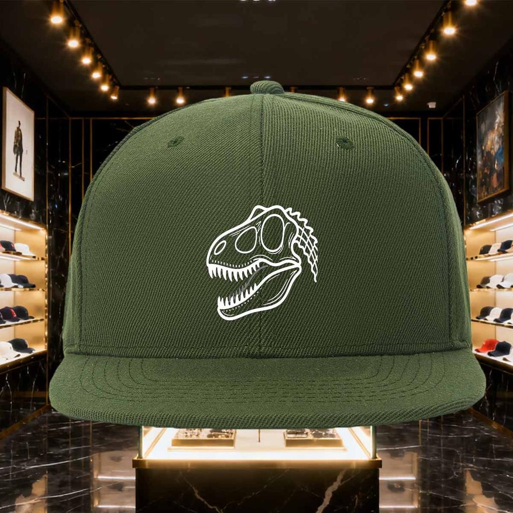 Dinosaur Skull Graphic Print Black Flat Brim Baseball Cap Unisex Polyester Snapback Outdoor Headwear