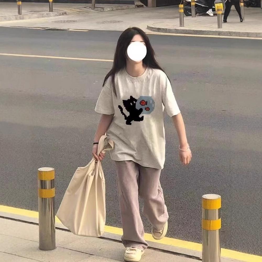 % Cotton Heavy Short Sleeve T-Shirt Women's Summer New Student Loose American Lazy Top ins Large Size