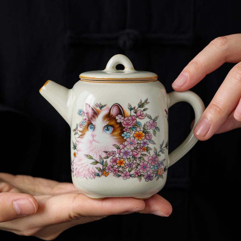 180ml Ru Kiln Persian Cat You Fang Square Teapot High-end Exquisite Teapot Single pot Ru Yao Lady Teapot KungFu Tea Ceremony