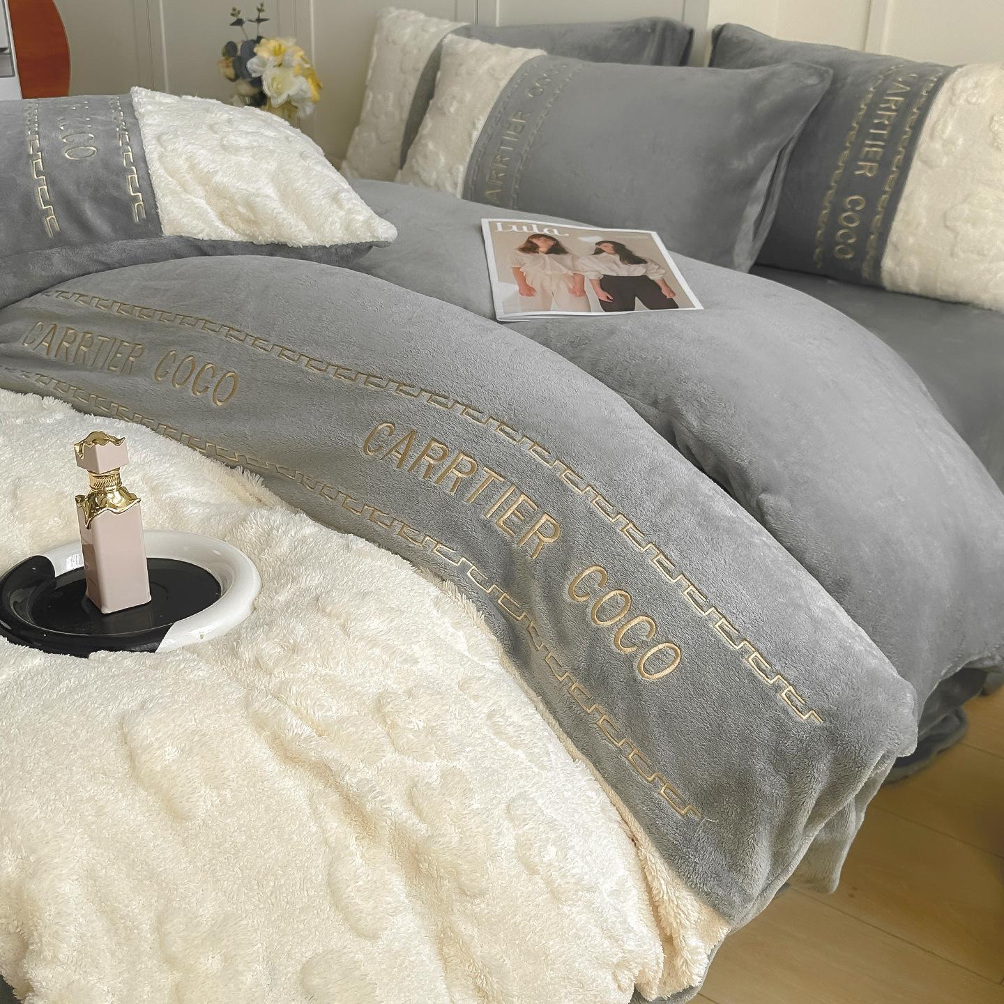 

Double-Sided Thickened Milk Fleece Bed Four-Piece Coral Flannel Quilt Cover Light Luxury Premium Bedding Sheets 3pcof sheets 150x200 quilt