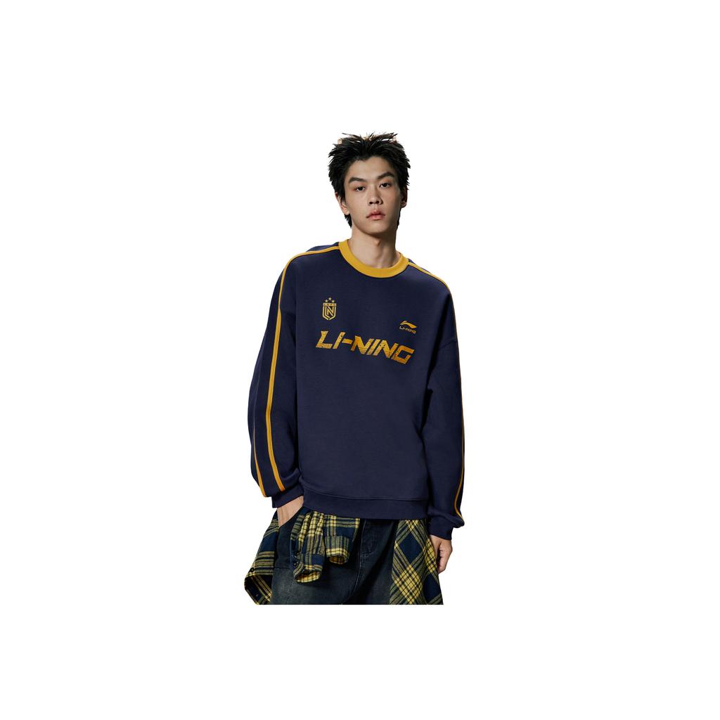 Li Ning Sports Lifestyle Series Fleece Thick Warm Letter Logo Round Neck Drop Shoulder Loose Sweatshirt Unisex Sweatshirt AWDVC87-4