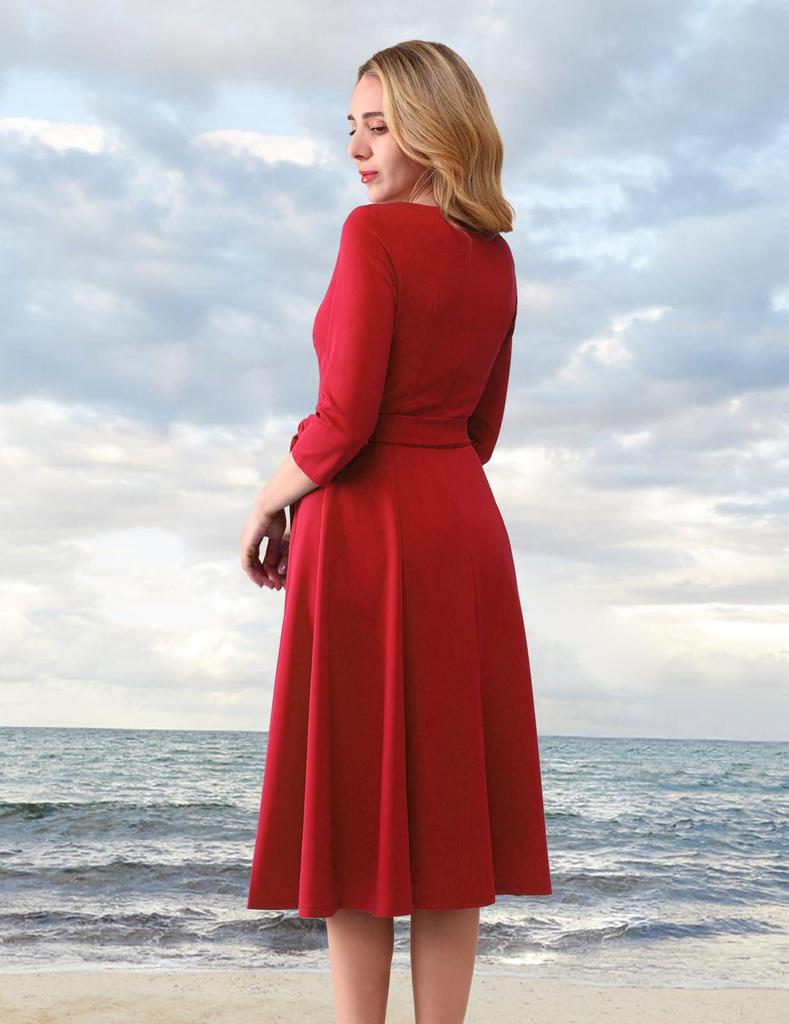 Garden Collar Seven-Sleeve Women's Evening Gown with Wide Hem Skirt - Solid Color Vacation Dress