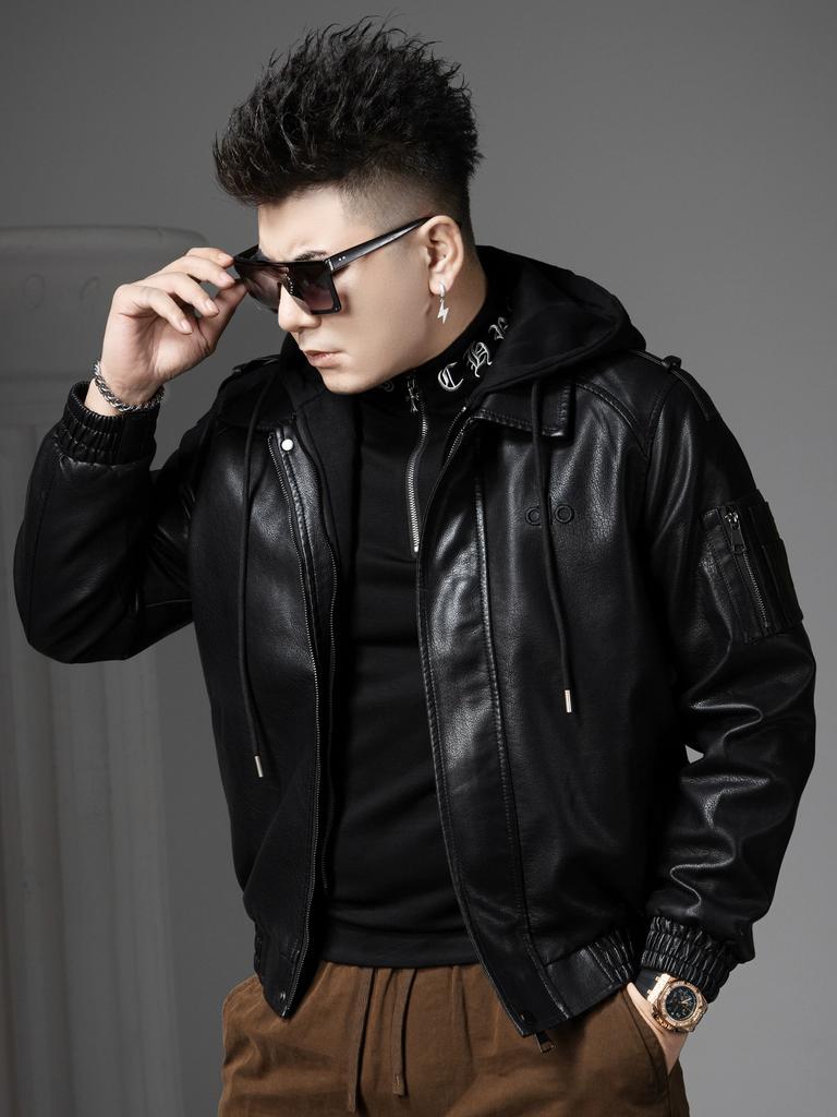 European Leather Jacket for Men 2025 New Winter Trendy Brand Fleece-Lined Casual Stylish Hooded Faux Two-Piece Leather Jacket
