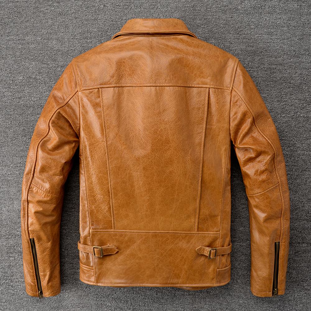 Natural Oil Waxed Cow Leather Jacket For Men Biker Clothes Yellow Soft Genuine Cowhide Coat Autumn