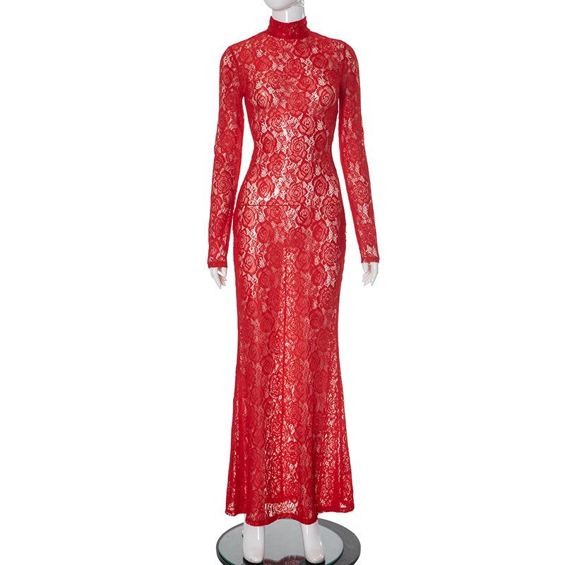 2025 Spring Mesh Lace High Neck Long Sleeve Women's Slim Fit Evening Gown