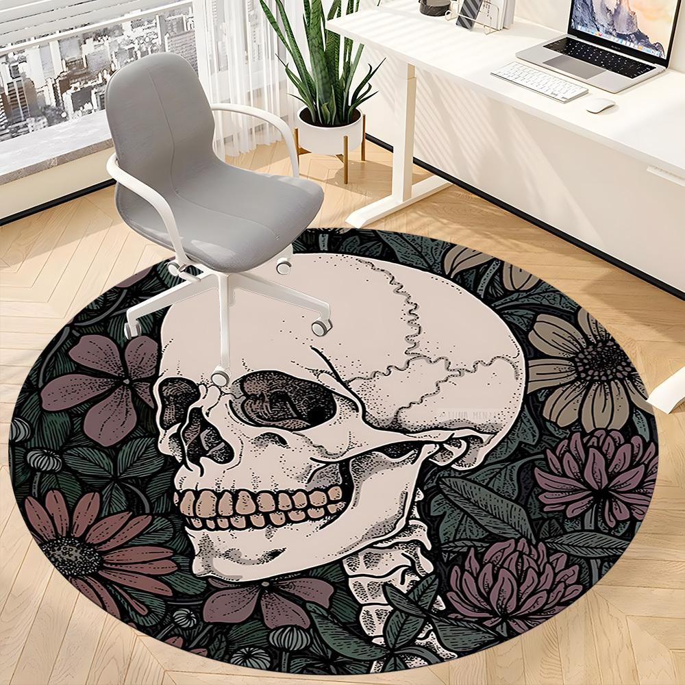 1PC Skull Flowers Office Round Area Rug, Mat Suitable For Office, Under Office Chairs Bedroom Living Room Home Decor, Room Deco