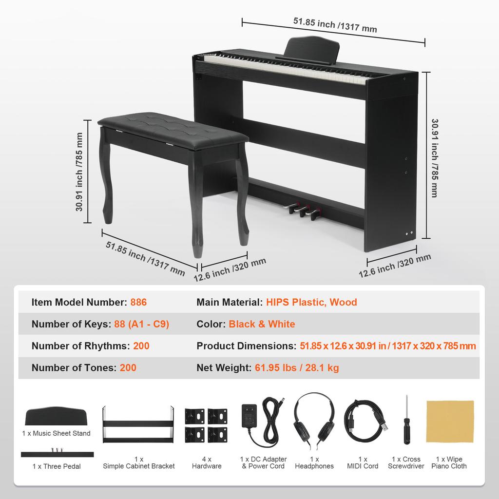 SucceBuy 88 Key Electric Piano Fully Weighted Keys Dual Keyboard Mode, Simple Cabinet Bracket, 200 Tones & Rhythms for Beginners