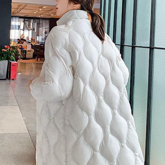 Daunenjacke für Damen, mittellang, Stehkragen, koreanische Winterversion, glänzende Overknee-Wattierungsjacke, große Größe, lockere, einfarbige Mäntel