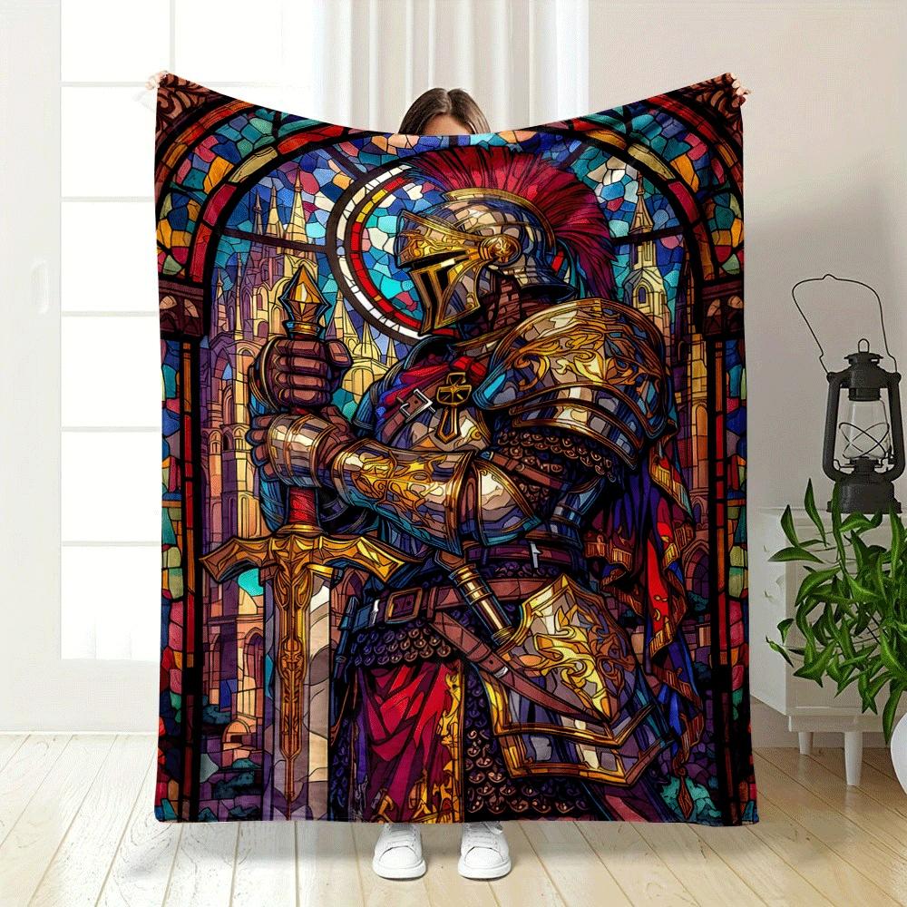 Stained glass knight in ornate armor holding a sword, vibrant background. for all seasons blanket lunch break throw gift