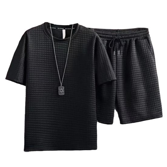 

2 шт./компл. мужской наряд из вафельной ткани, однотонный спортивный костюм с круглым вырезом и коротким рукавом, шорты на шнурке, комплект повседневной спортивной одежды M чёрный