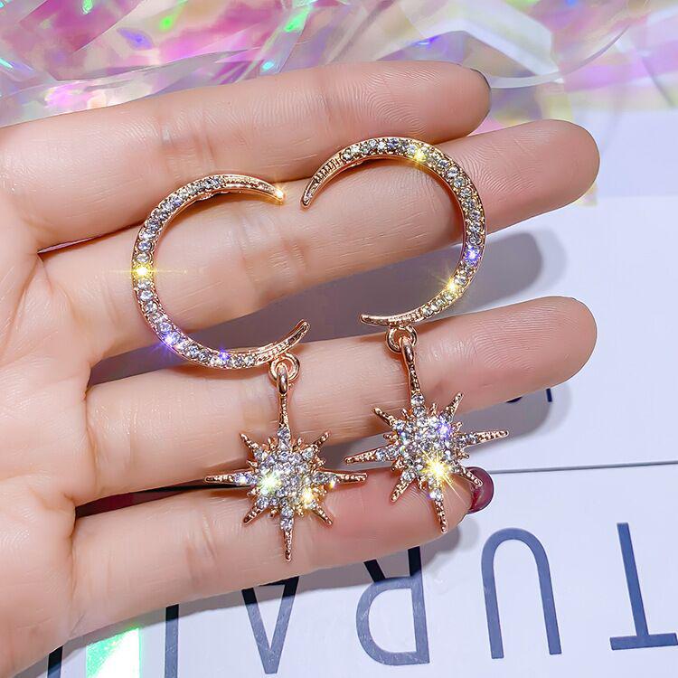 Korean Asymmetrical Star & Moon Tassel Earrings - 925 Silver Needle with Diamonds
