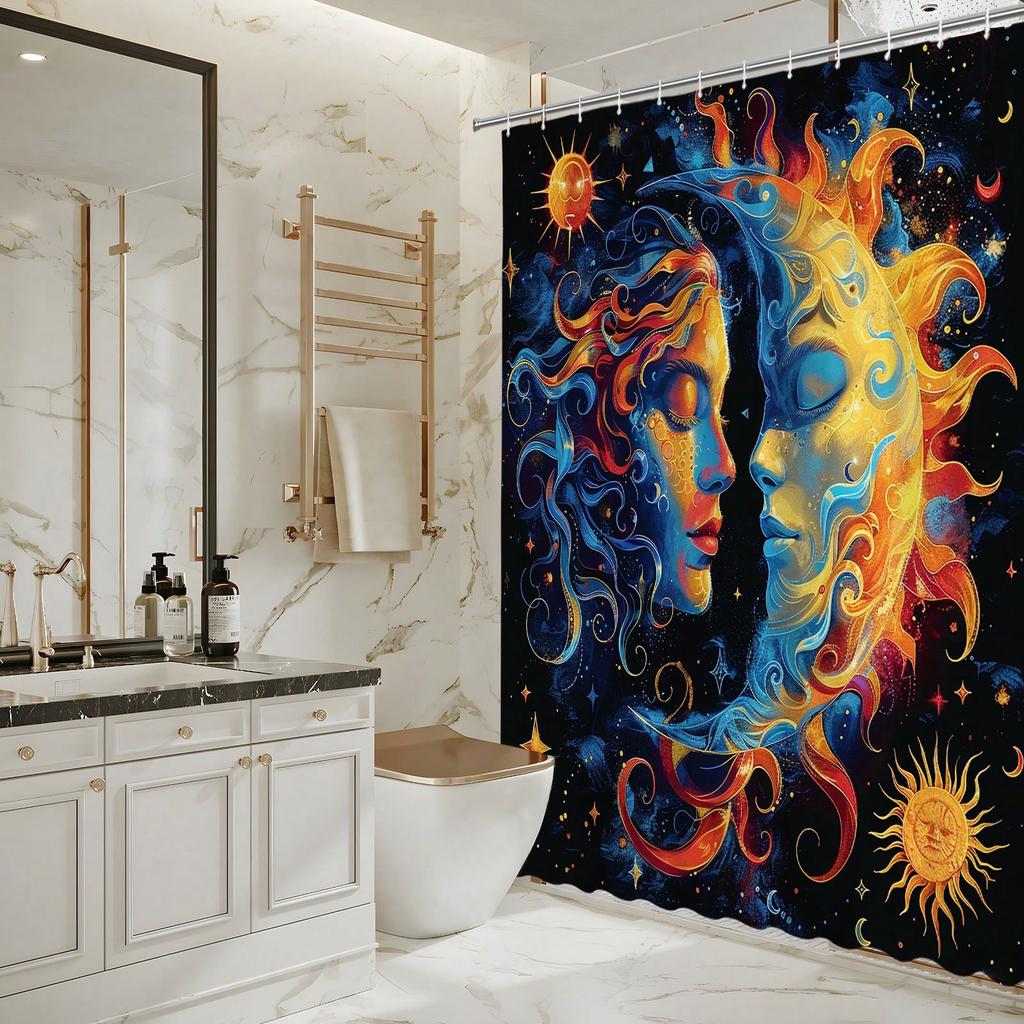 Boho Mid Century Shower Curtain Celestial Sun Moon Love Stars Fantasy Galaxy Shower Curtains Hippie Cool Colorful With 12 Hoo