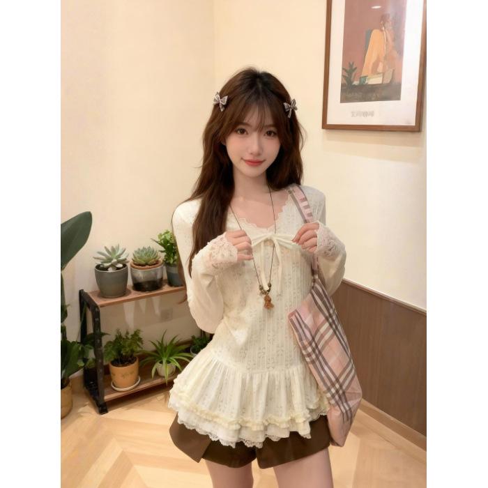 

Корейский сладкий кружевной топ с V-образным вырезом и длинным рукавом - Женская осенне-зимняя облегающая базовая рубашка в стиле балета Extra Large абрикосовый