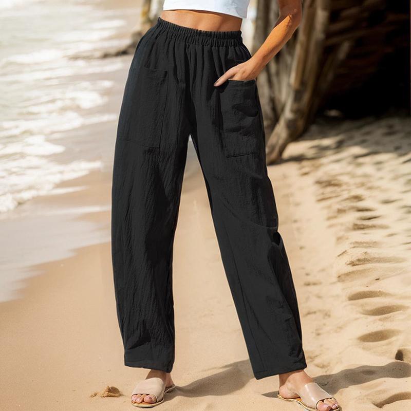 Women Autumn Winter Versatile Linen Blend Solid Color High-Waisted Pants with Pocket