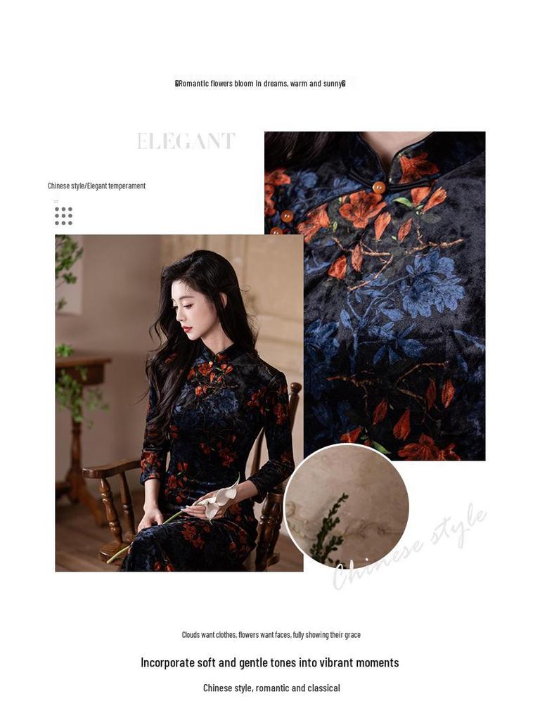 2025 New Velvet Retro Cheongsam: Long-Sleeved, Young Style, Improved Chinese Design