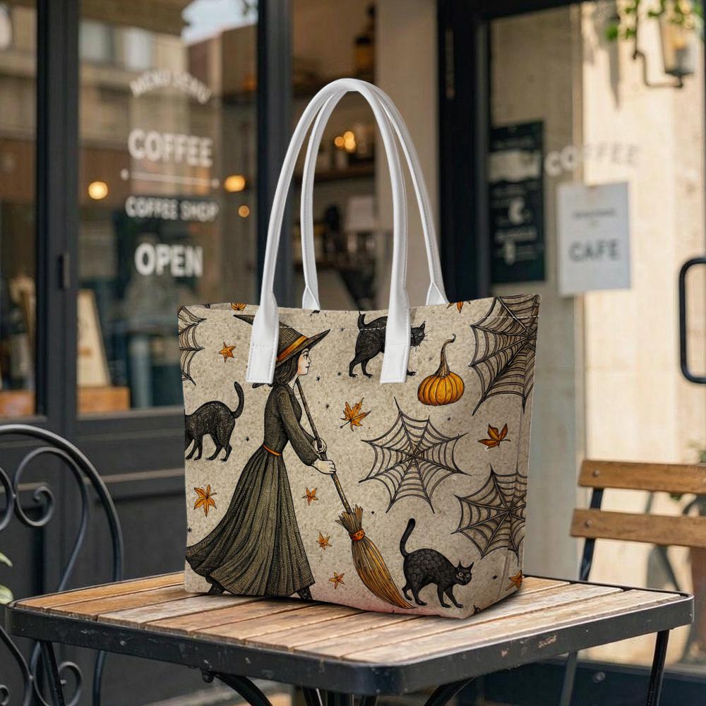 Halloween Witch Black Cat Pumpkin Spooky Web Casual Tote Bag for Daily Use