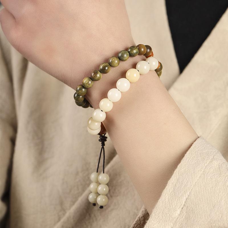Pure Green Sandalwood/Golden Sandalwood Buddhist Beads with White Jade Bodhi Beads, Chinese Style Fairy-Like Double-Loop Bracelet
