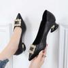 Fashion Rhinestone Buckle Shallow Single Shoes Women's Spring and Summer New Temperament Pointed Thick Heel Small Leather Shoes Shoes