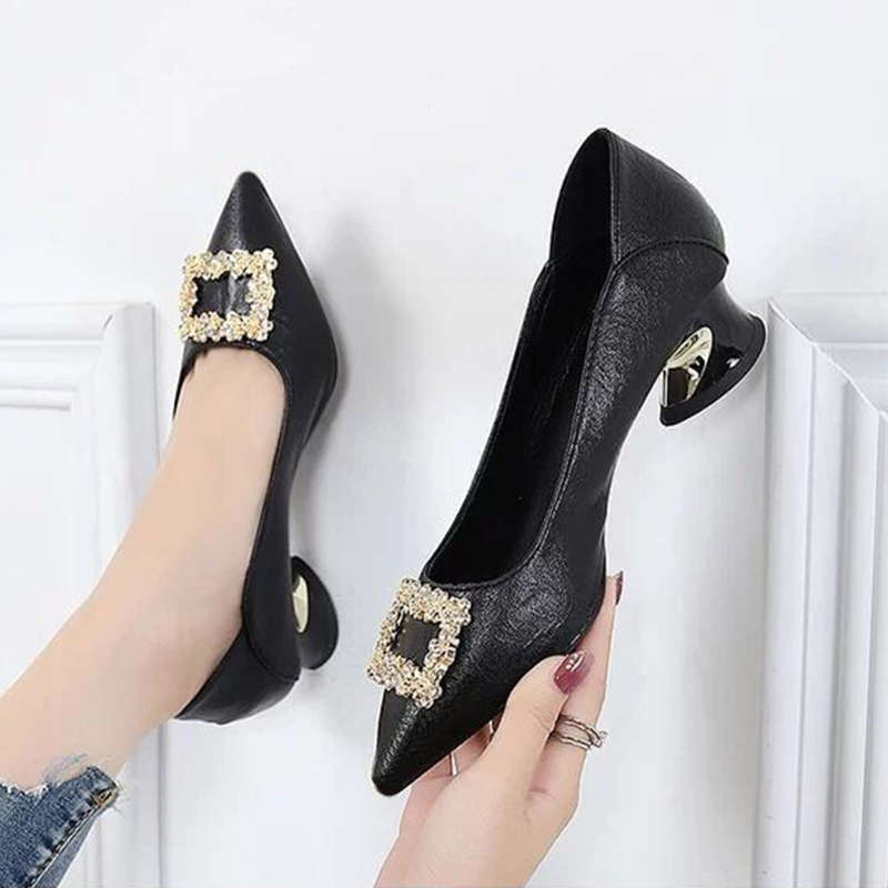 Fashion Rhinestone Buckle Shallow Single Shoes Women's Spring and Summer New Temperament Pointed Thick Heel Small Leather Shoes Shoes