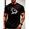 Elastic Breathable Fabric Unisexs Black Wolf Head Pattern Tshirt Round Neck Short Sleeve Casual Sports Shirt With White Wolf