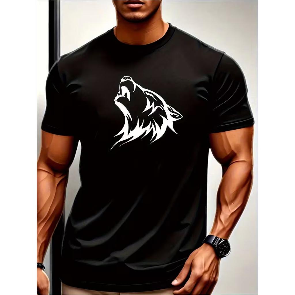 Elastic Breathable Fabric Unisexs Black Wolf Head Pattern Tshirt Round Neck Short Sleeve Casual Sports Shirt With White Wolf