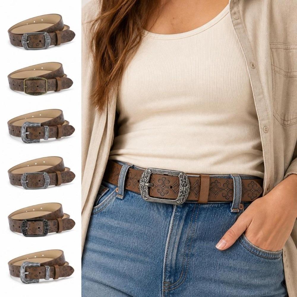 Carved PU Leather Belt Alloy Pin Buckle Decorative Belt Fashion Adjustable Belt  Daily Outfit